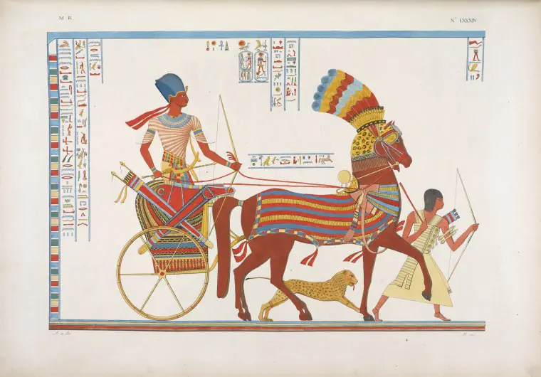 Ramses II triumphant on an Egyptian chariot, accompanied by a cheetah and an african slave