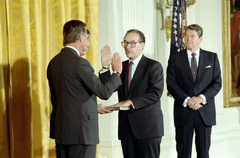 President Ronald Reagan Attends The Swearing-In Ceremony for Alan Greenspan As Chairman of The Federal Reserve Board in The East Room, 8/11/1987