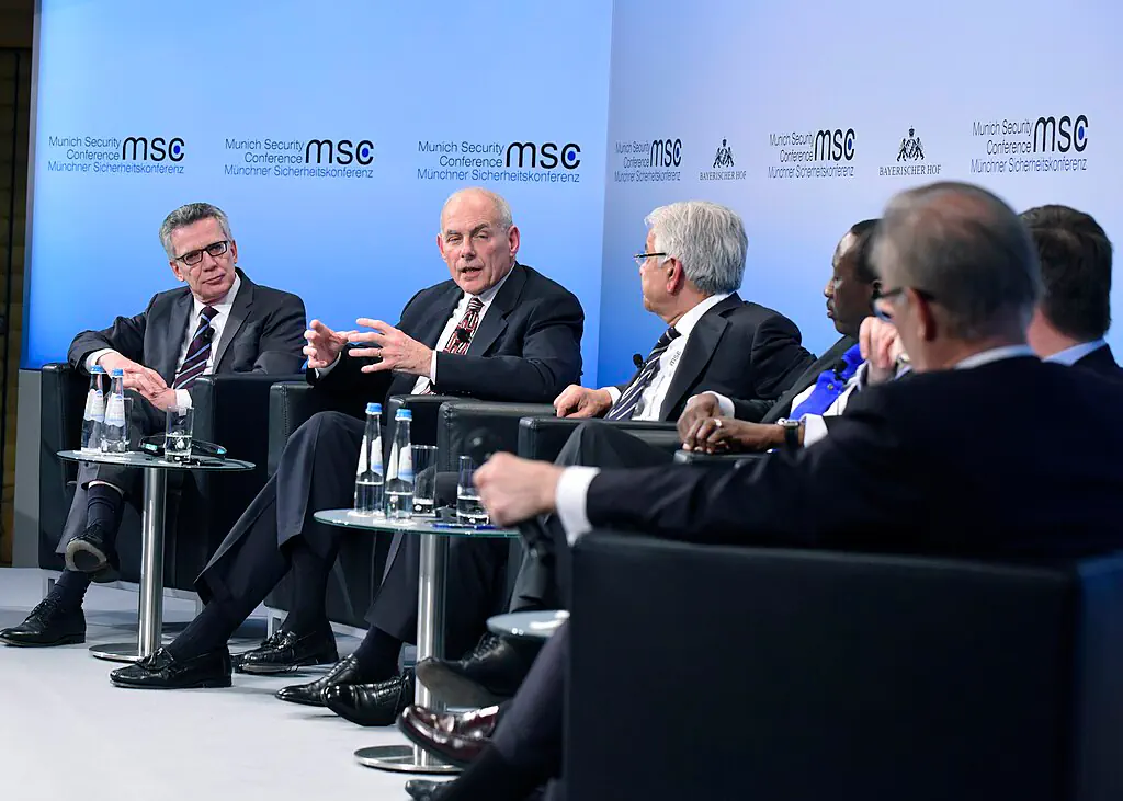 MUNICH - Thomas de Malzlere, Federal Minister of the Interior, Federal Republic of Germany, from left; U.S. Secretary of Homeland Security John Kelly, Khawaja Muhammad Aslf, Minister of Defense, Islamic Republic of Pakistan; Babagana Monguno, Adviser to the President, Federal Republic of Nigeria; Sir Julian King, Commissioner for the Security Union, European Union; participate in the 2017 Munich Security Conference, moderated by David Ignatius, Columnist, The Washington Post in Munich, Germany, Feb. 18, 2017. Over the past five decades, the MSC has become the major global forum for the discussion of security policy. Each February, it brings together more than 450 senior decision-makers from around the world, including heads-of-state, ministers, leading personalities of international and non-governmental organizations, as well as high ranking representatives of industry, media, academia, and civil society, to engage in an intensive debate on current and future security challenges. Official DHS photo by Barry Bahler.