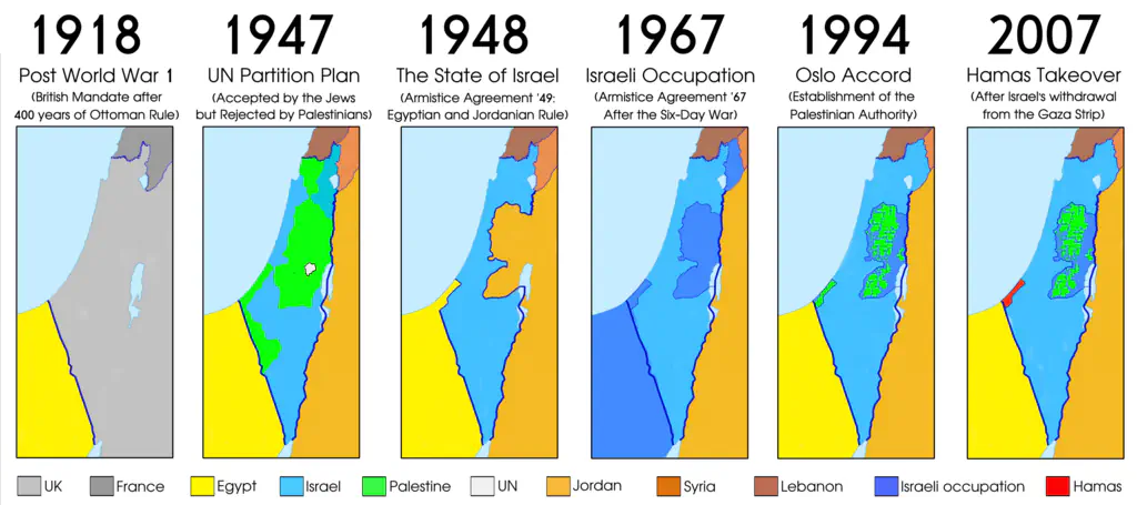 A historically accurate set of political maps, showing which country ruled over which territory in Palestine/Israel, from 1918 to 2007.
