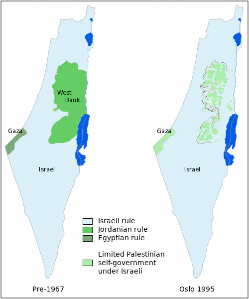 Map of the Palestinian territories; governments before 1967 and after the Oslo Accords