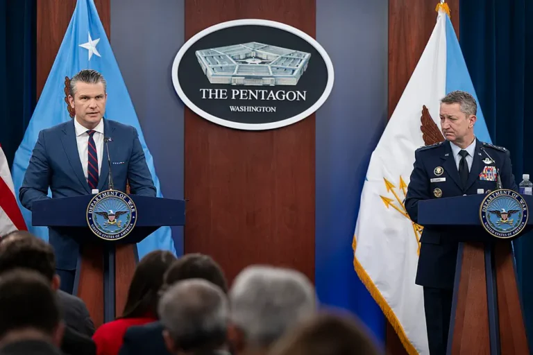 Secretary of War Pete Hegseth and Chairman of the Joint Chiefs of Staff U.S. Air Force Gen. Dan Caine conduct a press briefing on Operation Epic Fury at the Pentagon, Washington, D.C., March 2, 2026.