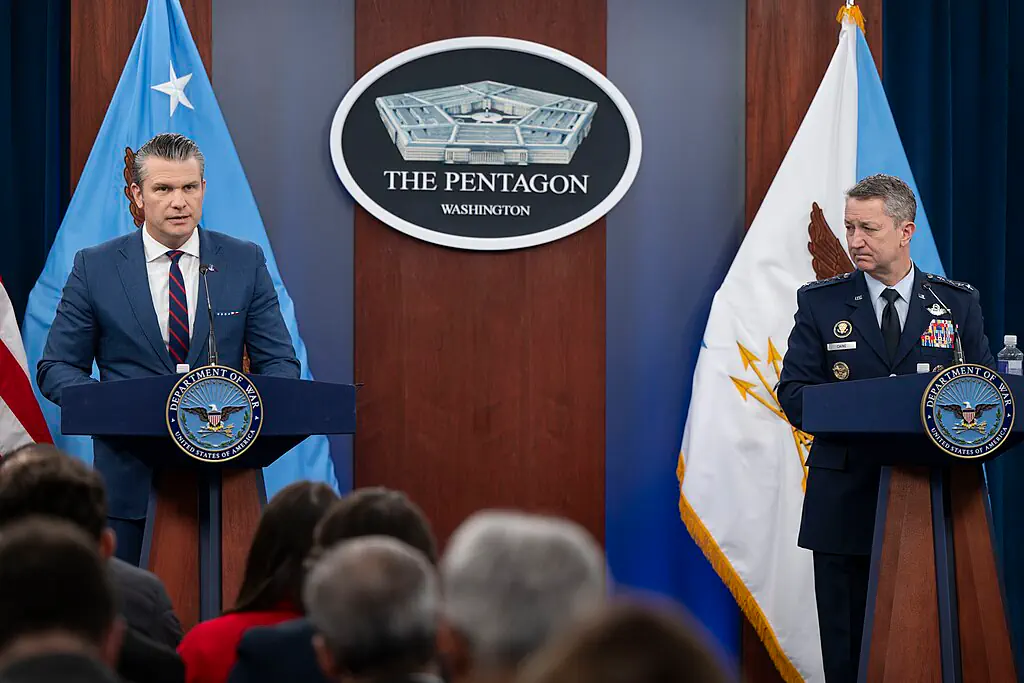 Secretary of War Pete Hegseth and Chairman of the Joint Chiefs of Staff U.S. Air Force Gen. Dan Caine conduct a press briefing on Operation Epic Fury at the Pentagon, Washington, D.C., March 2, 2026.
