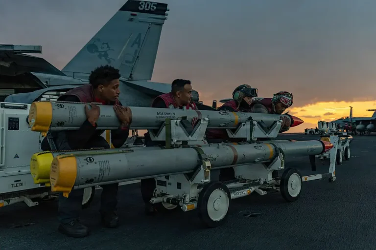 U.S. Sailors move ordnance on the flight deck of the world’s largest aircraft carrier, USS Gerald R. Ford (CVN 78), while supporting Operation Epic Fury, Feb. 28, 2026. (