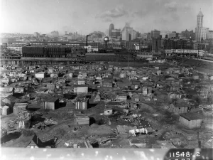 Hooverville on the Seattle tideflats, Seattle, Washington, U.S., 1933. Point of view is at the foot of Atlantic St. near the Skinner and Eddy Shipyards.